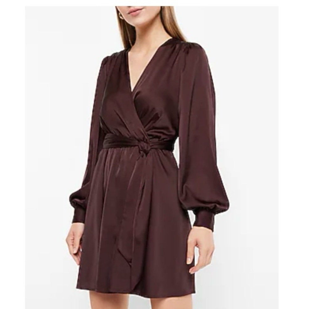EXPRESS Satin Long Sleeve Tie Waist Mini Dress